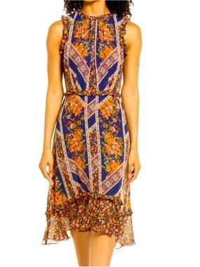 julia jordan Navy Floral Tiered Midi Dress with Orange Blooms